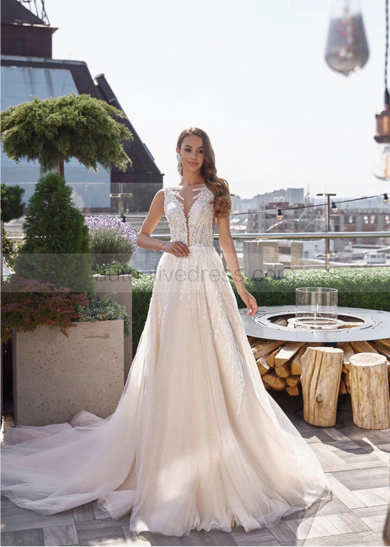 Beaded Ivory Lace Tulle V Back Long Newest Wedding Dress